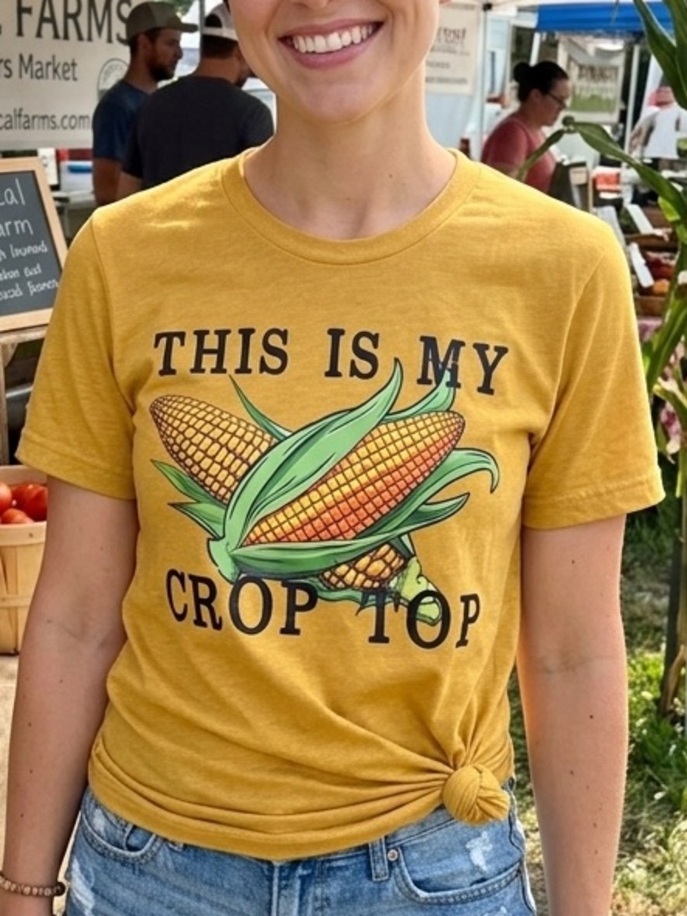 NWOT Bella Canvas Mustard Yellow This Is My Crop Top Corn Graphic T-Shirt Small